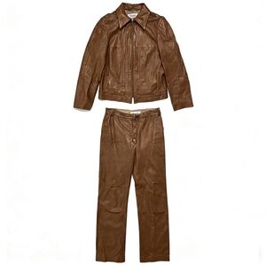 Laurèl Brown Lambskin Leather Jacket and Pant Matching Set